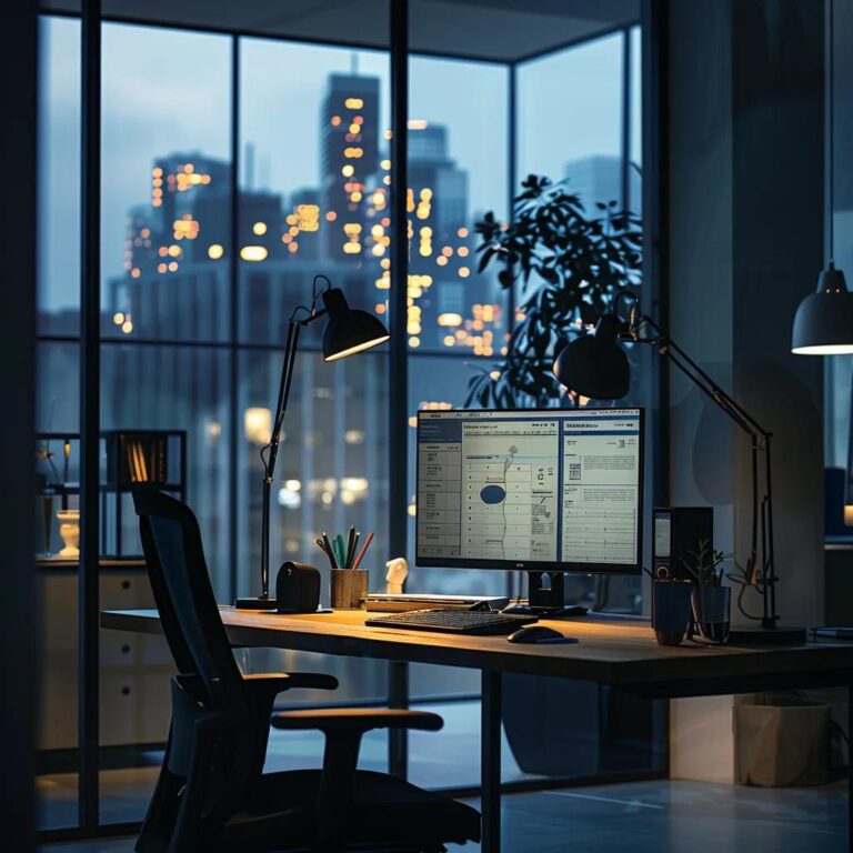 a sleek, modern office workspace features a high-tech computer setup displaying a user-friendly vpn installation interface on the screen, illuminated by soft overhead lighting that emphasizes a sense of security and digital connectivity.