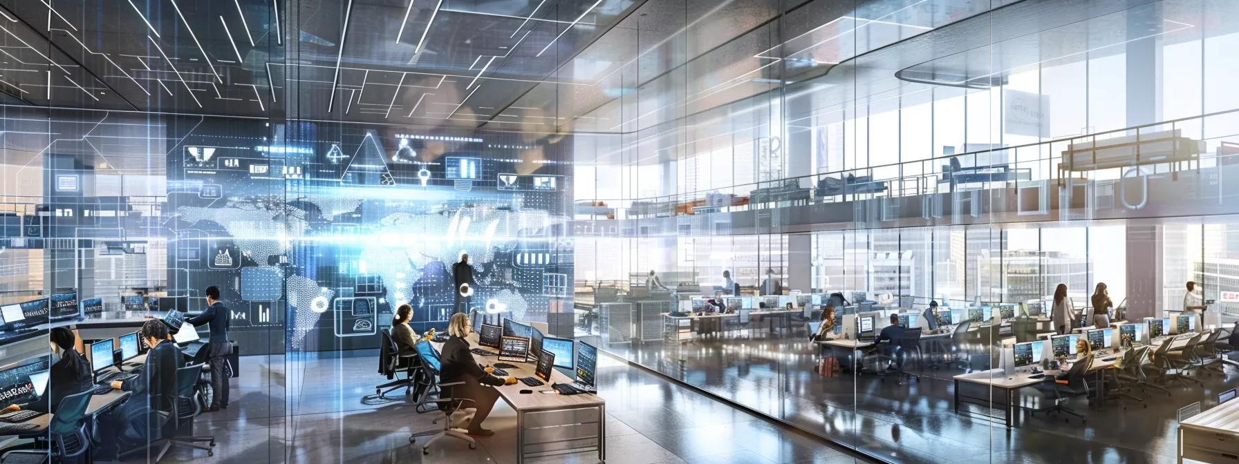 a bustling modern office environment showcasing a diverse team of it support professionals engaged in proactive maintenance, with multiple screens displaying network performance dashboards, symbolizing seamless business operations and robust cybersecurity measures.
