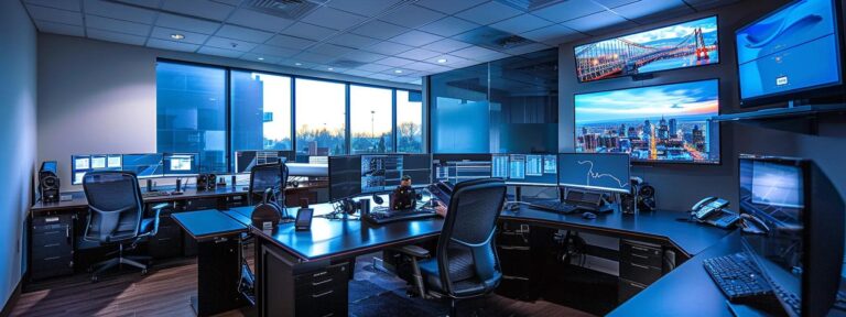 a sleek, modern office space showcases a professional technician diagnosing a computer issue at a desk adorned with high-tech gadgets, emphasizing efficient it support and business computer solutions.