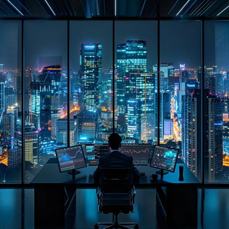 a sleek, modern office with a panoramic city view features a focused consultant at a high-tech workstation, surrounded by digital screens displaying analytics and it strategies, conveying a sense of professional efficiency and expertise.