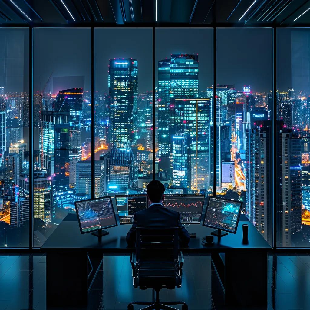 a sleek, modern office with a panoramic city view features a focused consultant at a high-tech workstation, surrounded by digital screens displaying analytics and it strategies, conveying a sense of professional efficiency and expertise.