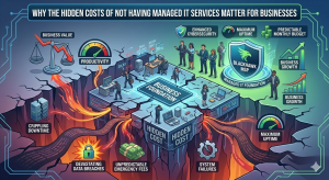 Infographic showing the hidden costs of not having managed IT services—downtime, breaches, and failures—fracturing a business foundation and reducing its value and productivity.